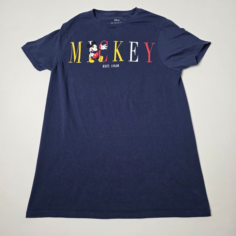 Disney Mickey Mouse Graphic T-Shirt Womens Small Navy Blue Est 1928 Cotton Tee
